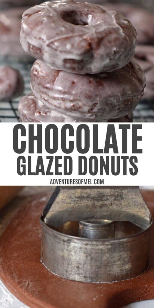 chocolate glazed donuts in stack, cutting chocolate donut dough with donut cutter