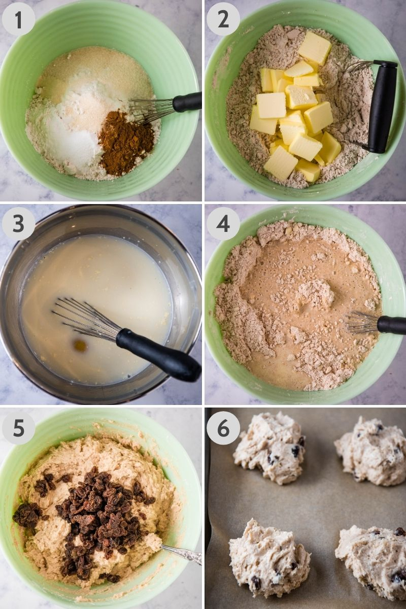 steps for how to make Irish soda scones, including whisking dry ingredients together in mint green mixing bowl, cutting cold sliced butter into dry ingredients with pastry blender, whisking egg and buttermilk together, mixing buttermilk into dry ingredients, adding raisins to scone batter, and dropping batter by spoonfuls onto baking sheet covered with parchment paper