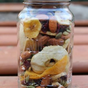 dehydrated fruit trail mix in glass mason jar
