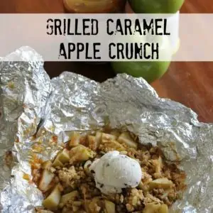 grilled caramel apple crunch foil packet, open with scoop of ice cream on top
