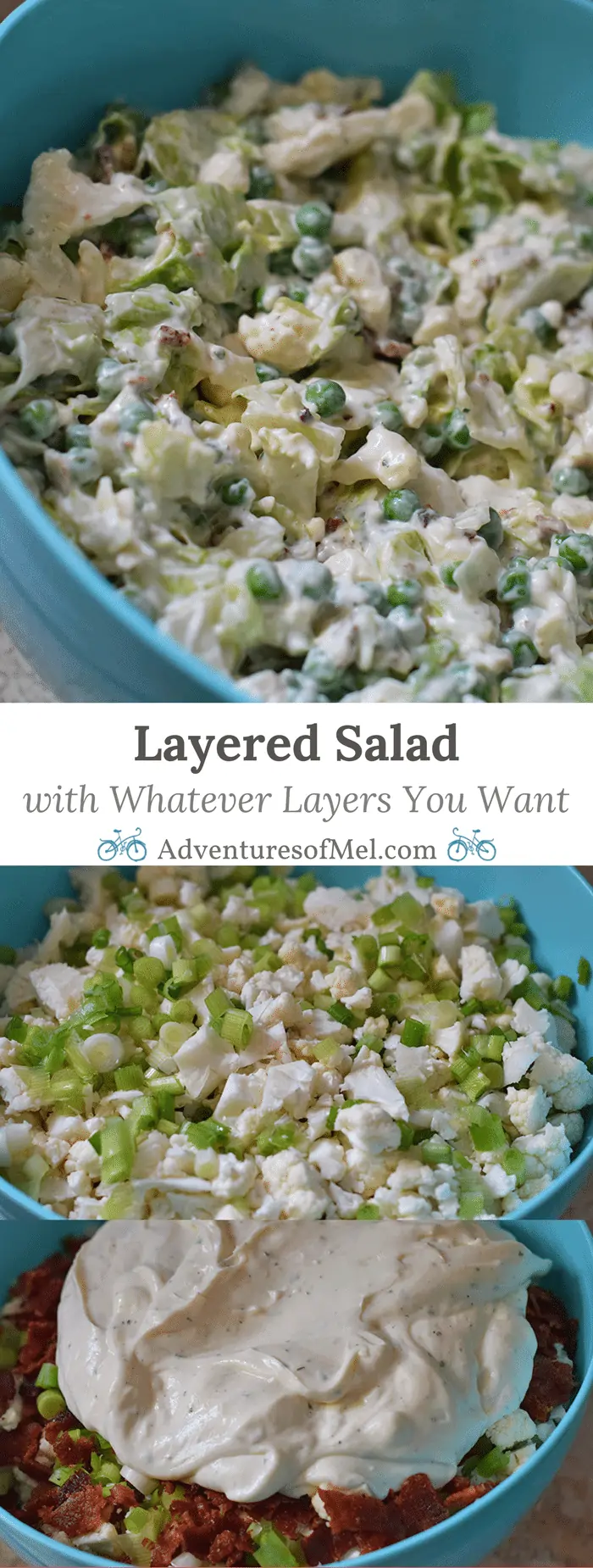 Layered Salad is the perfect salad recipe for family get-togethers, parties, or your next BBQ. You can add whatever types of layers you want, including cauliflower, peas, lettuce, bacon, or whatever else your heart desires.