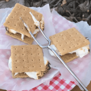 peanut butter cup s'mores on parchment paper with roasting fork