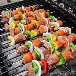 teriyaki orange beef shish kebabs with fresh veggies on grill