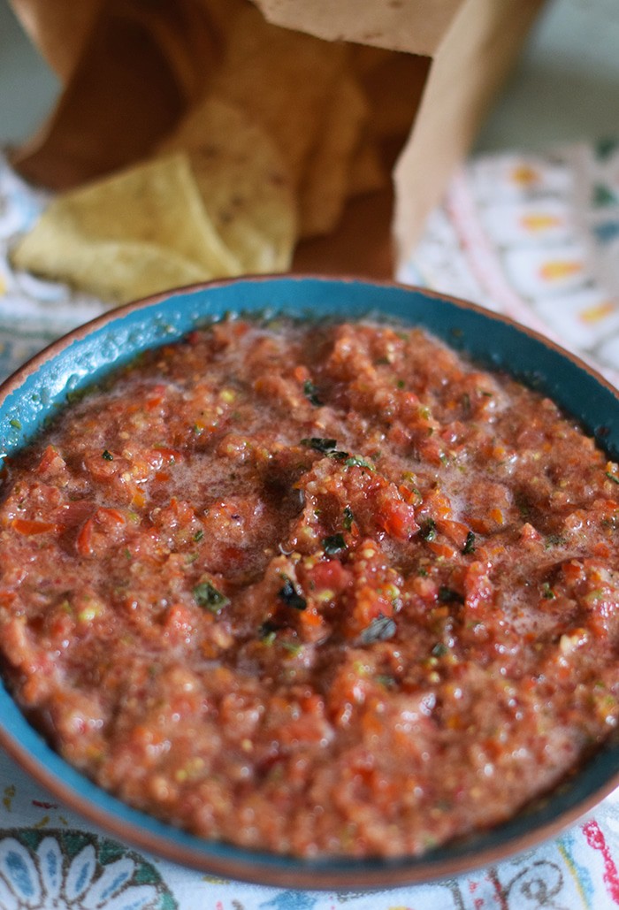 Adding basil to salsa adds such a delicious flavor! How to make an easy blender salsa, using tomatoes, peppers, basil, and more. Easy recipe for parties, family get togethers, or just any ordinary day!