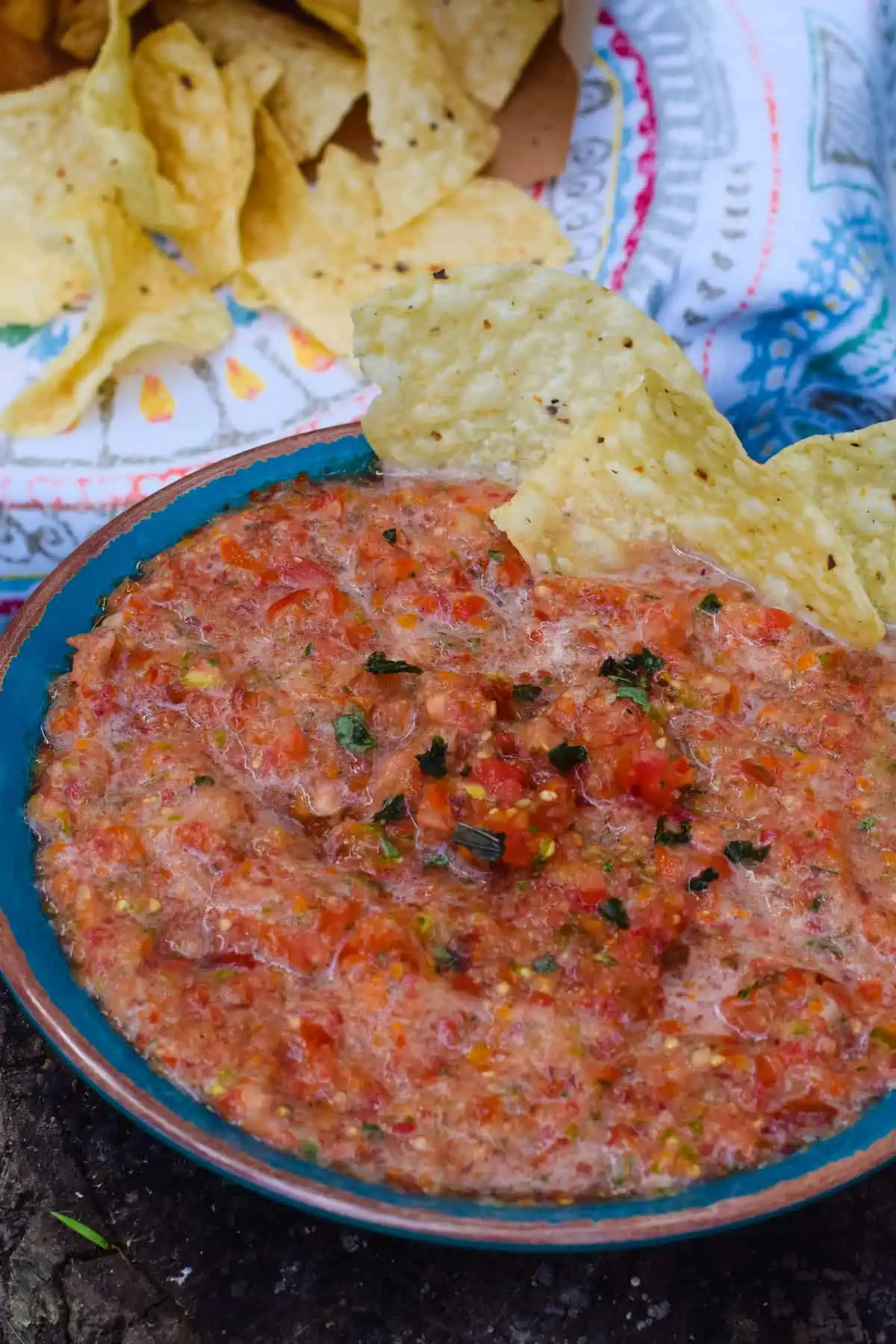 tomato basil salsa in blue bowl with tortilla chips dipped and in bag to side