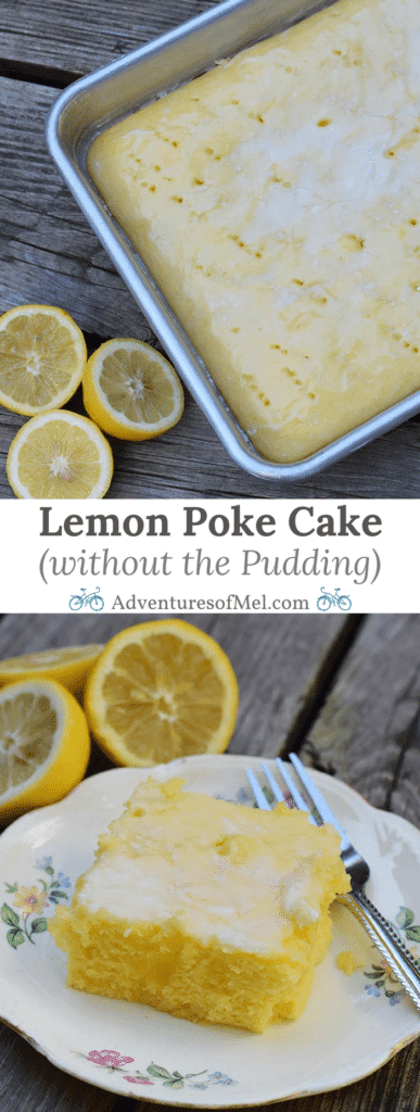 Grab the recipe for a lemon poke cake without any pudding mix. Cake mix recipe inspired by Grandma’s lemon cake. So scrumptious!