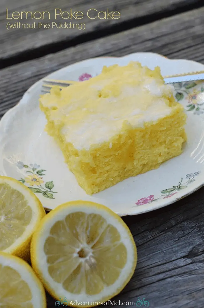Grab the recipe for a lemon poke cake without any pudding mix. Cake mix recipe inspired by Grandma’s lemon cake. So scrumptious!