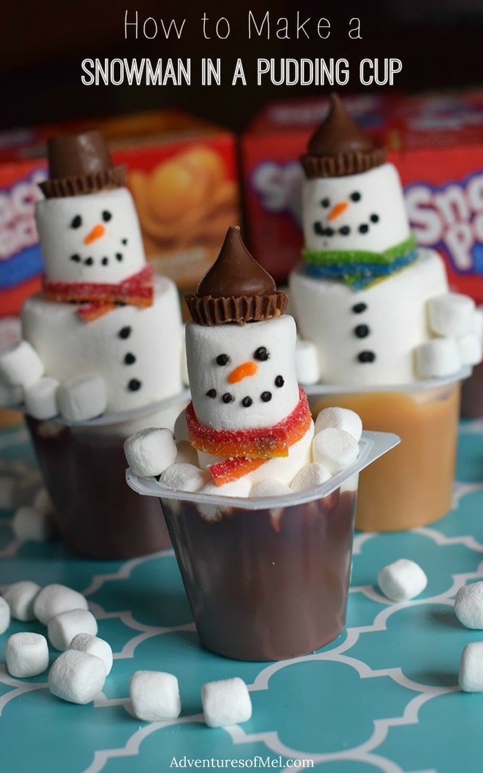 Kids bored on a cold winter day? Make an edible kids craft or kids snack with them. How to make a snowman in a pudding cup!