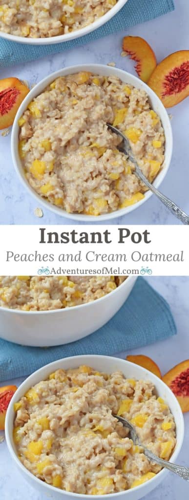 Instant Pot Peaches and Cream Oatmeal, an easy weekday breakfast idea. Throw ingredients together, pop on the lid, and it practically makes itself.
