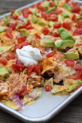Chicken and Hummus Loaded Nachos in a Sheet Pan