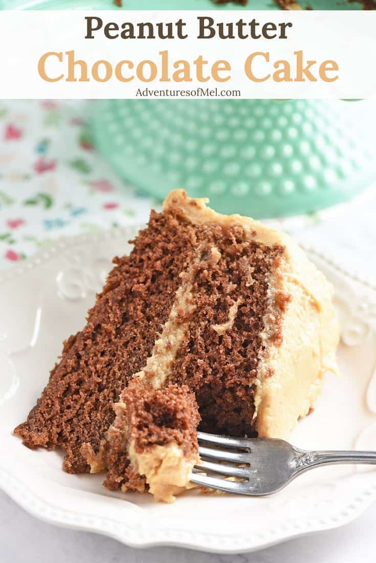 Bite of slice of homemade peanut butter chocolate cake on a white plate with green stand behind