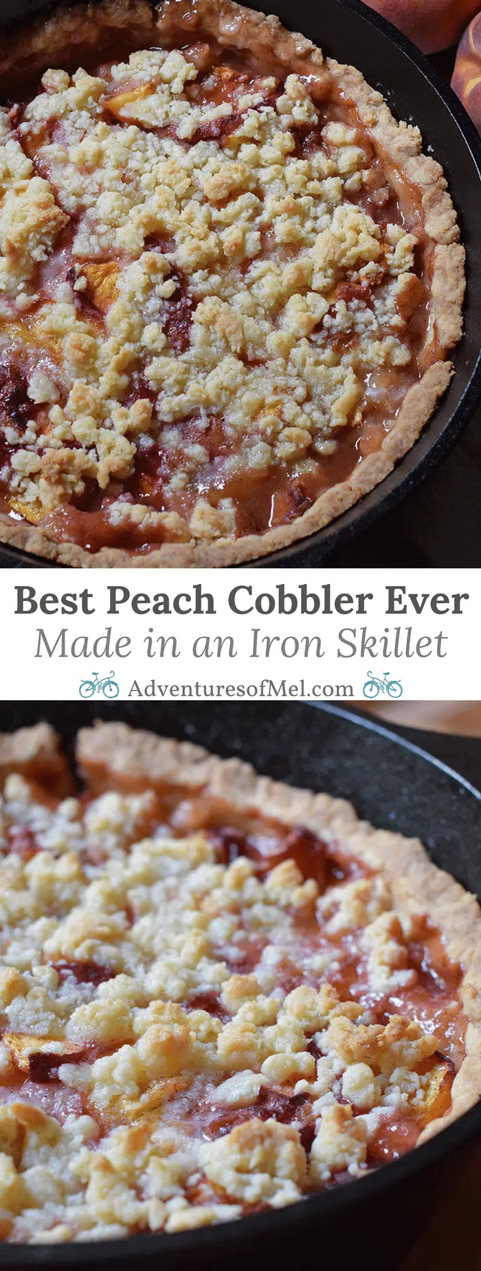 Peach cobbler is probably the easiest dessert recipe you could ever make, besides chocolate chip cookies. Ingredients are simple, and the crust is a press-in crust, my favorite type of pie crust! Grab the recipe, bake it up in your favorite cast iron skillet (or baking dish), serve with vanilla ice cream, and watch it disappear.