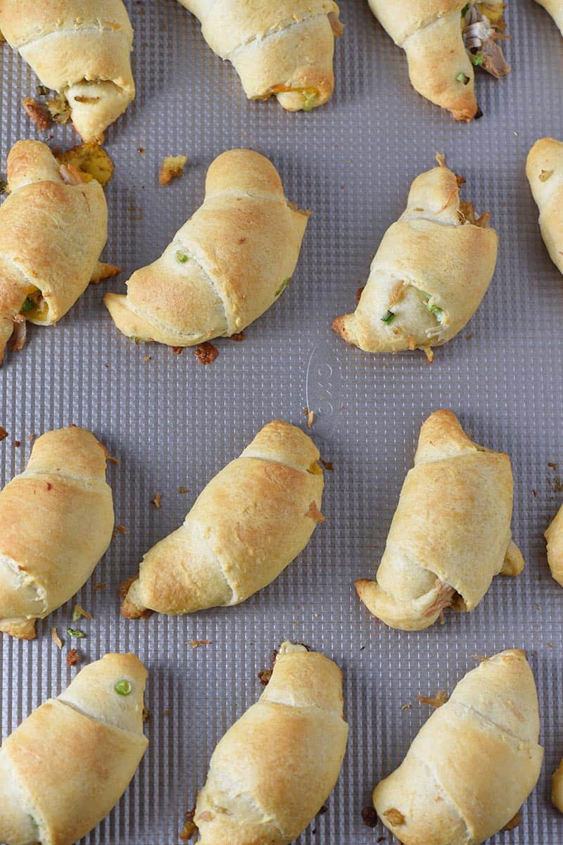 baked leftover turkey crescent rolls on OXO cookie sheet