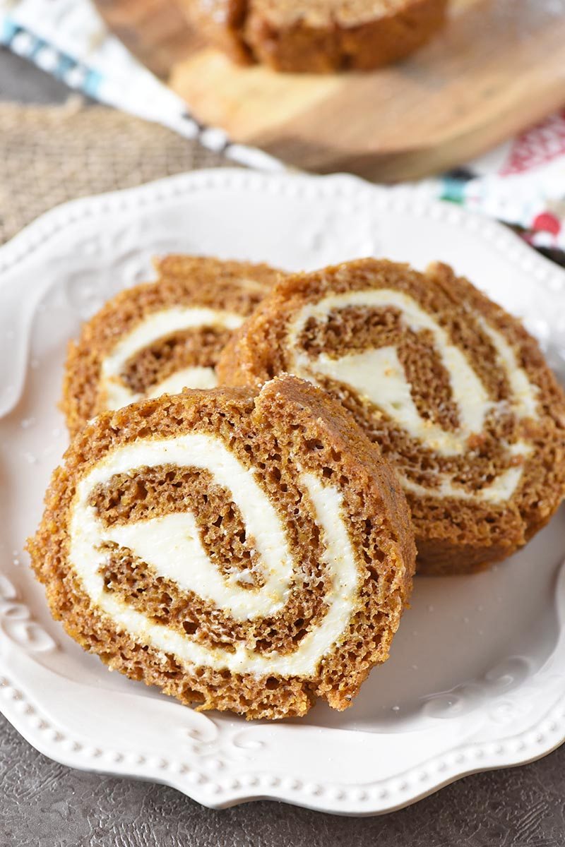 slices of pumpkin roll on white plate