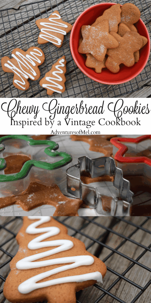 gingerbread cookies on wire rack next to red bowl, rolling out gingerbread cookie dough, decorated gingerbread cookie up close