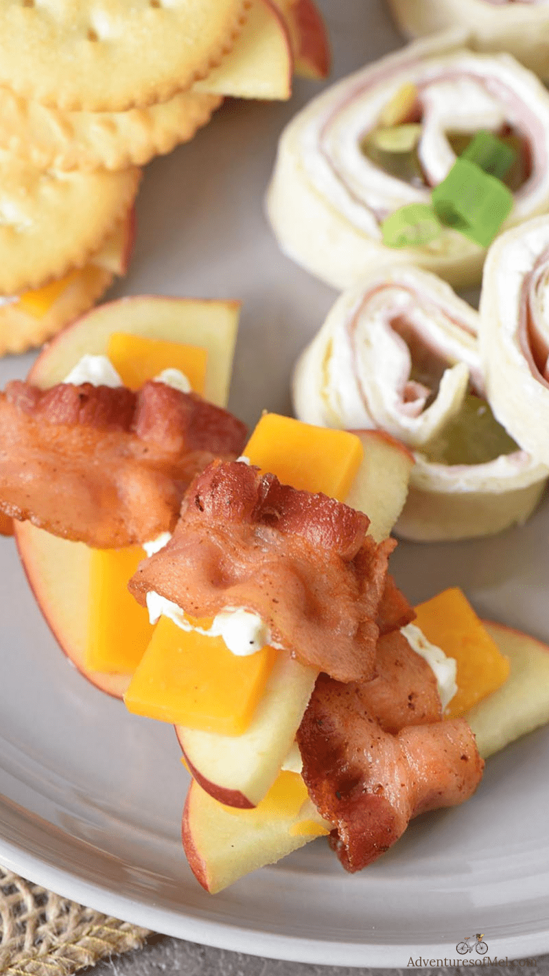 3 super easy appetizer recipes, including pinwheels, apples and cheese crackers, and bacon wrapped apples and cheese
