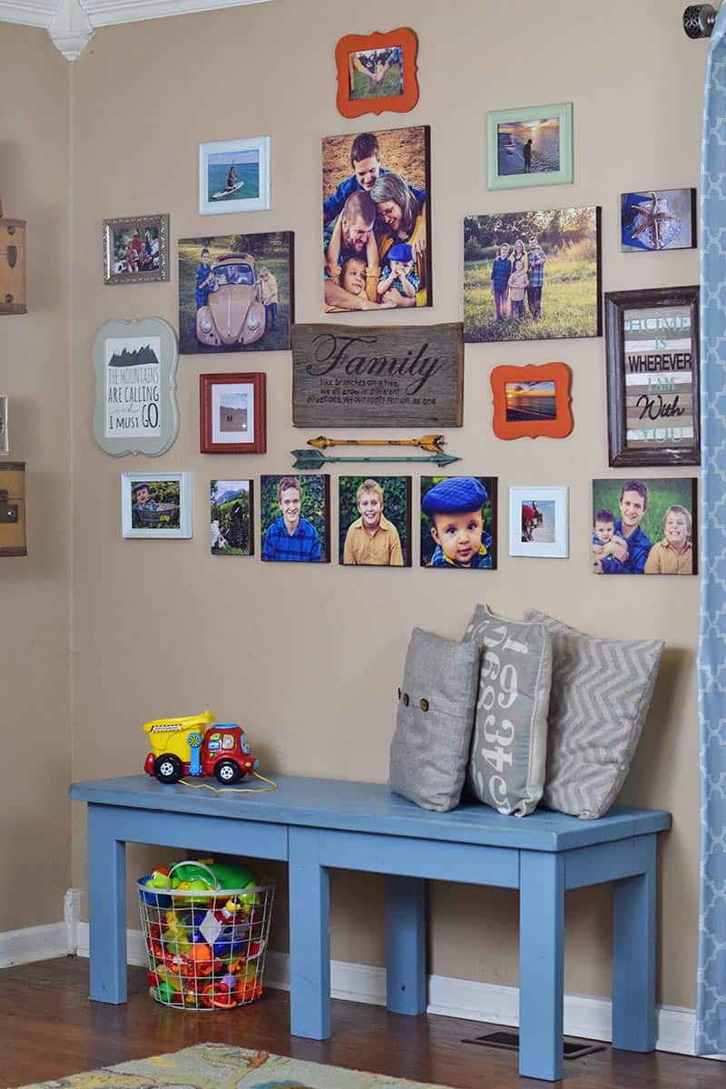 gallery wall with DIY photo canvas prints, printables, and other home decor