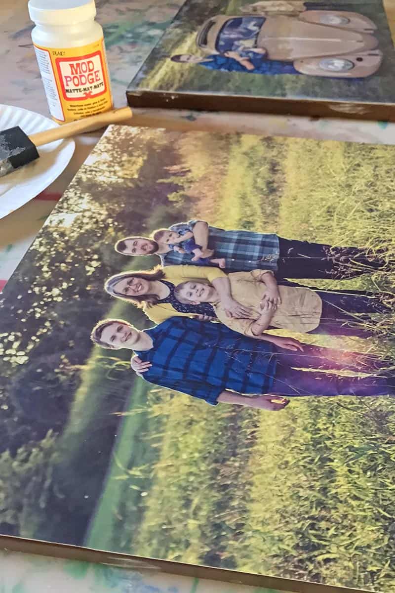applying a photo transfer to canvas with Matte Finish Mod Podge
