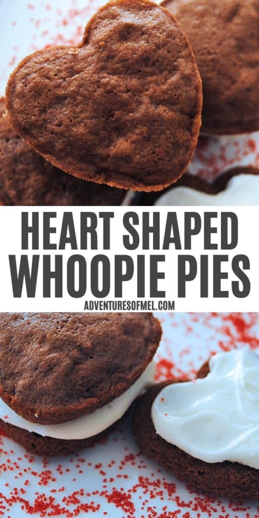 double image of heart shaped whoopie pies with red sprinkles on white countertop