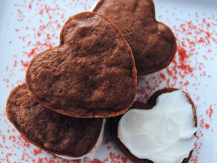 Chocolate sandwich cookies are a favorite family recipe passed down from generation to generation. Whether you call them sandwich cookies or whoopie pies, Heart Shaped Chocolate Whoopie Pies really do make a yummy Valentine's Day treat.