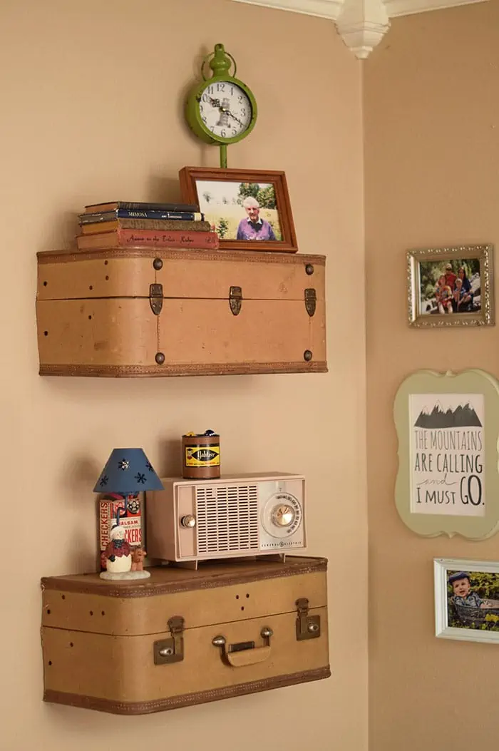 Got an old suitcase just waiting to be used for something special? How to build suitcase shelves, step by step, and hang them up for a vintage decorative look in your home's living space. Vintage home decor DIY project!