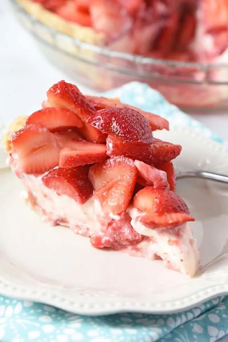 slice of easy strawberry cream pie on white Pioneer Woman plate