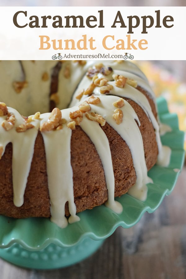 delicious apple bundt cake with a caramel cream cheese frosting