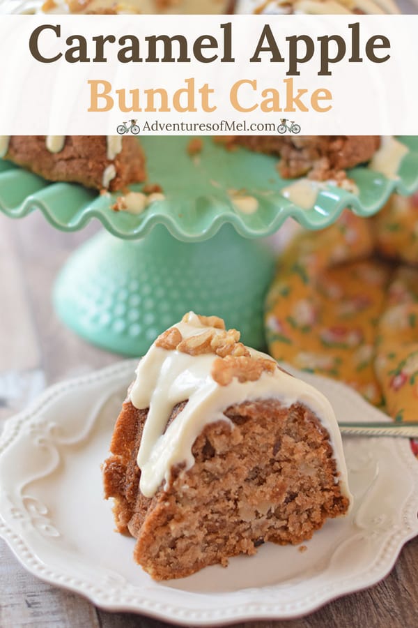 slice of homemade apple bundt cake with caramel cream cheese icing