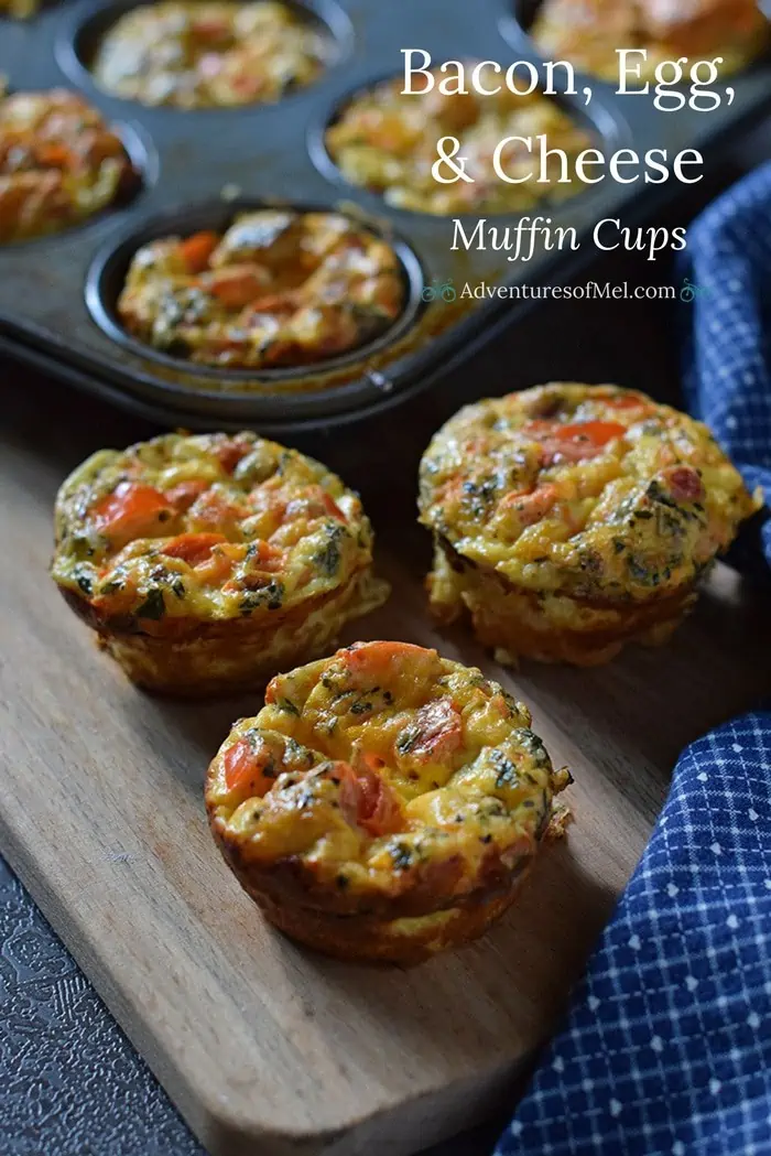 Bacon, Egg, and Cheese Breakfast Muffin Cups with bacon, cheese, peppers, tomatoes, and basil. Simple, easy, make ahead, low carb breakfast idea!