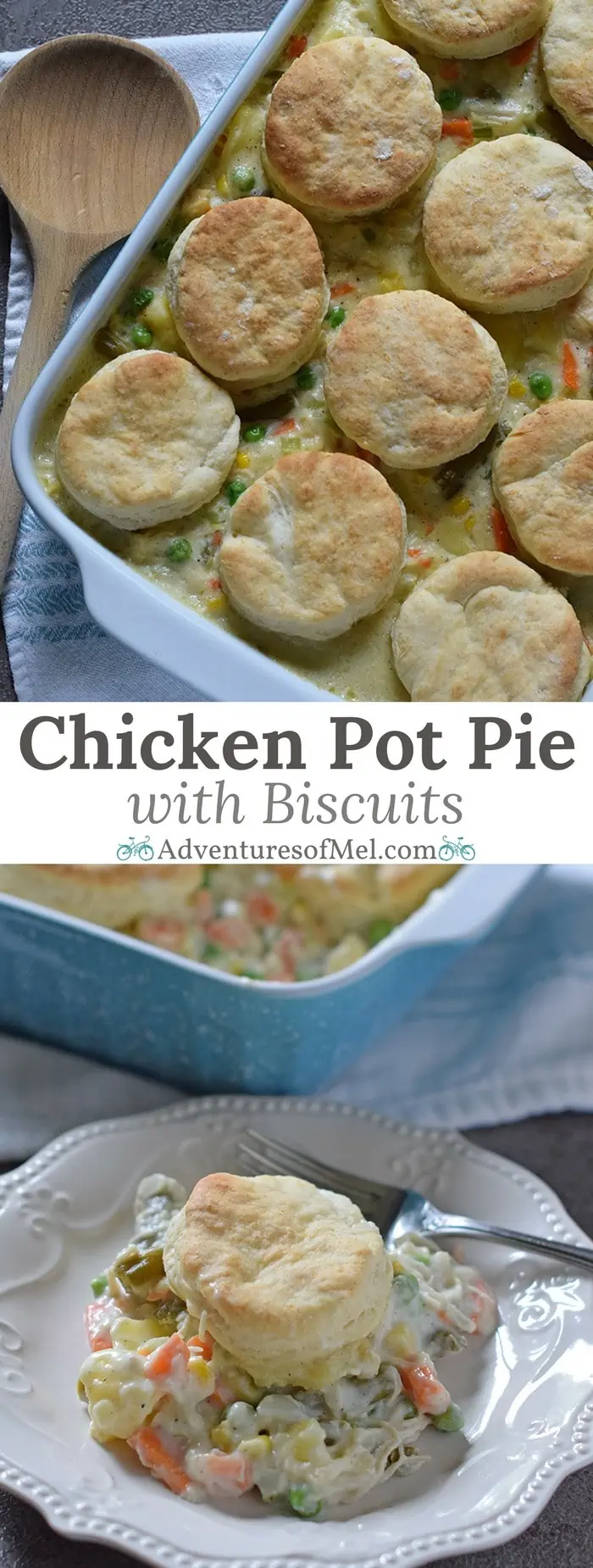 One of my favorite dinner recipes! Chicken Pot Pie with Grandma's biscuits, filled with a medley of vegetables in a mouthwatering creamy sauce, seasoned with sage. Ultimate comfort food dinner recipe.