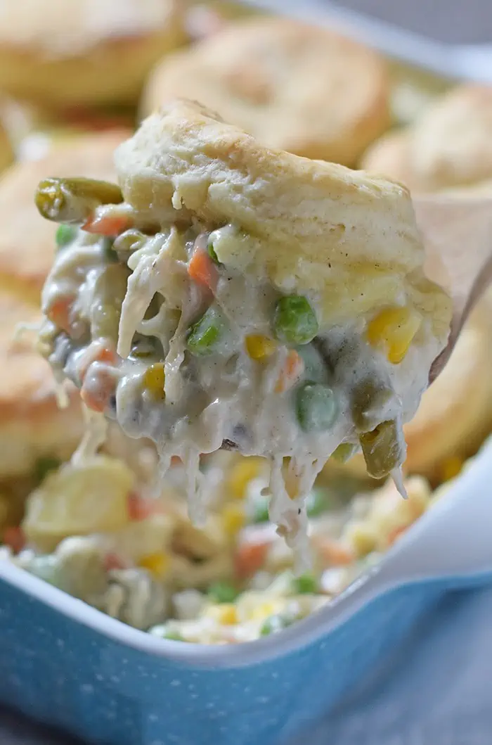 Chicken Pot Pie with biscuits, filled with a medley of vegetables in a flavorful sauce, seasoned with sage, salt, and pepper. It’s one of my favorite comfort foods and makes a great family dinner!