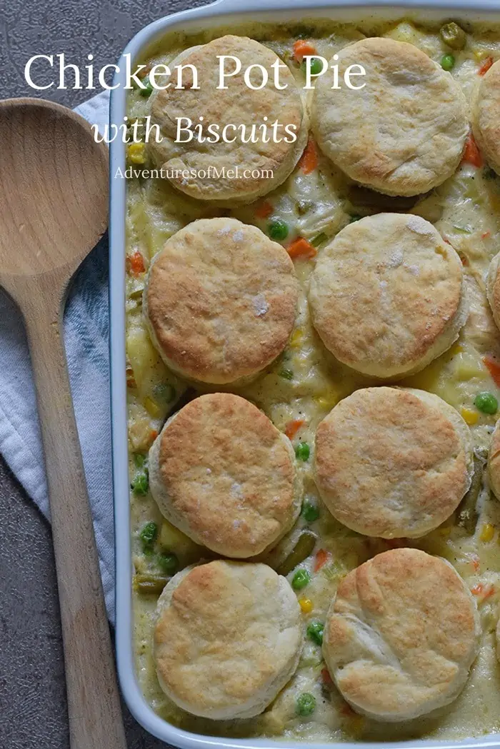 Chicken Pot Pie with Grandma's biscuits, filled with colorful vegetables in a creamy sauce. Ultimate family meal idea.