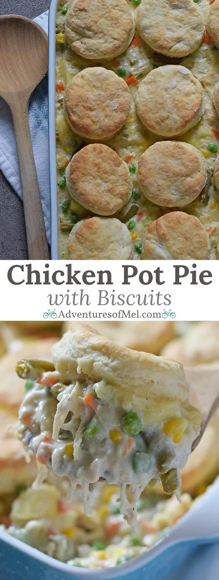 Chicken Pot Pie with Grandma's biscuits, filled with a medley of vegetables in a creamy sauce, seasoned with sage. Ultimate comfort food dinner recipe.