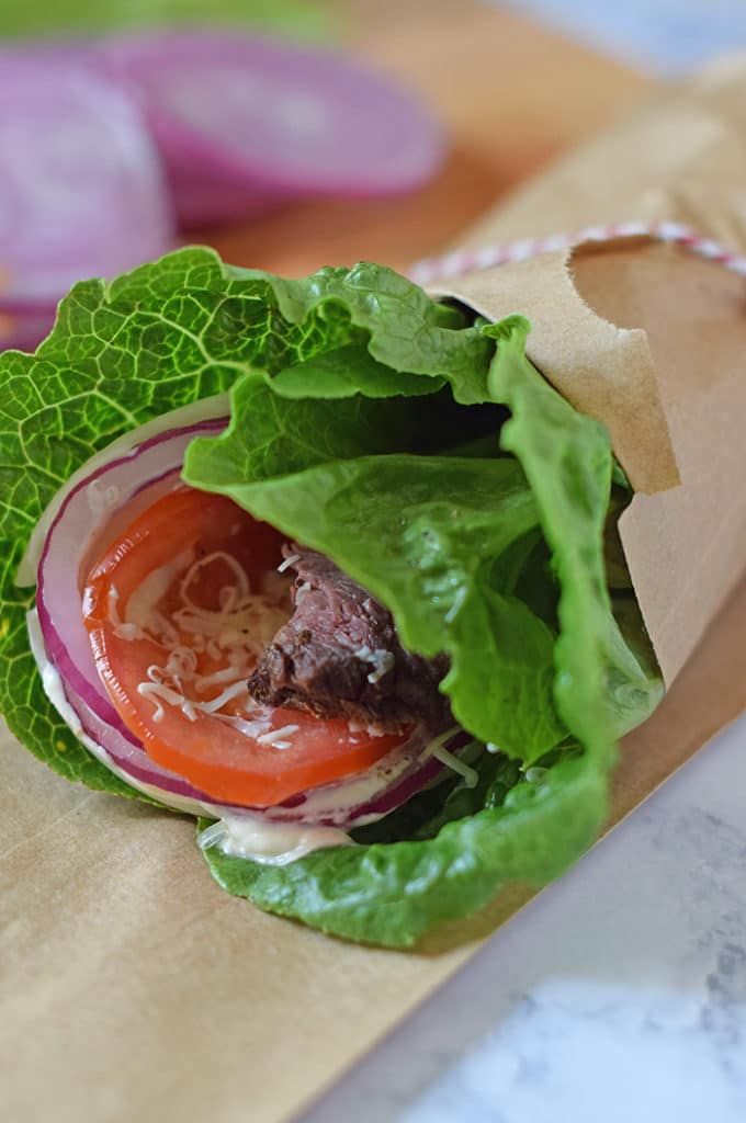 Low Carb Roast Beef Lettuce Wraps are a sandwich without the bread, jam packed with cheese, veggies, and roast beef. Only a few ingredients and 10 minutes to make!