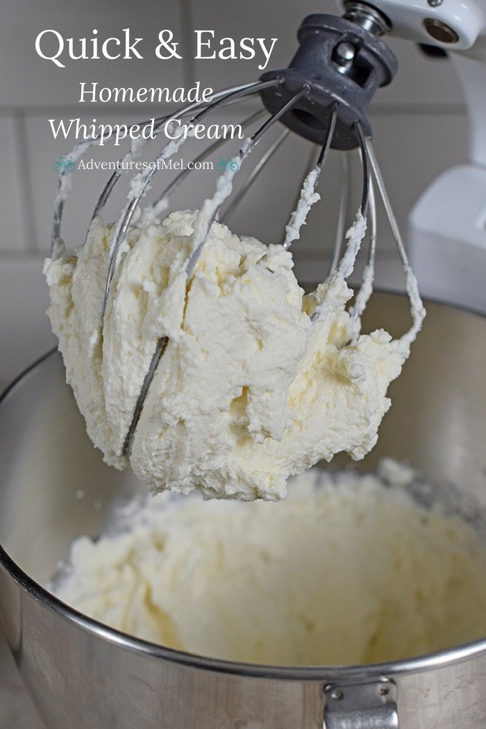 Top off your favorite desserts with homemade whipped cream you can make in 5 minutes with this quick and easy recipe using only 4 ingredients and a mixer.