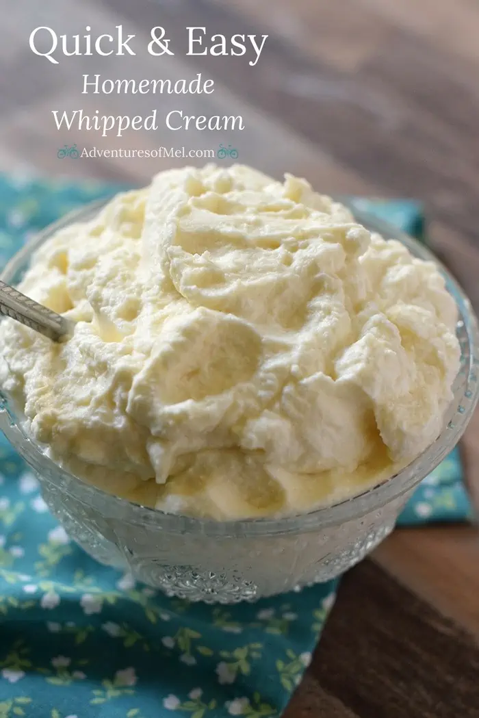 Top your favorite desserts with deliciously creamy homemade whipped cream you can make in 5 minutes with this quick and easy recipe using only 4 ingredients.