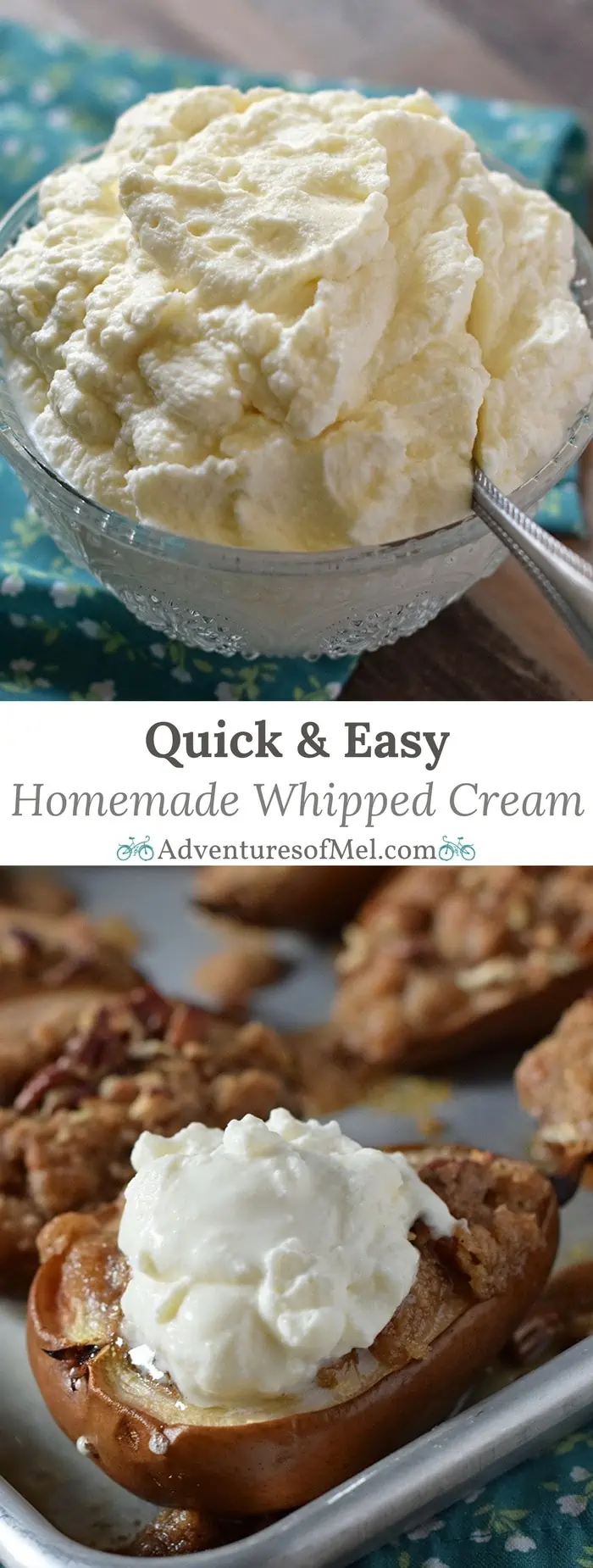 Homemade whipped cream can be made in 5 minutes with this easy recipe. Only 4 ingredients, including a secret ingredient, to a creamy delicious topping for all your favorite desserts.