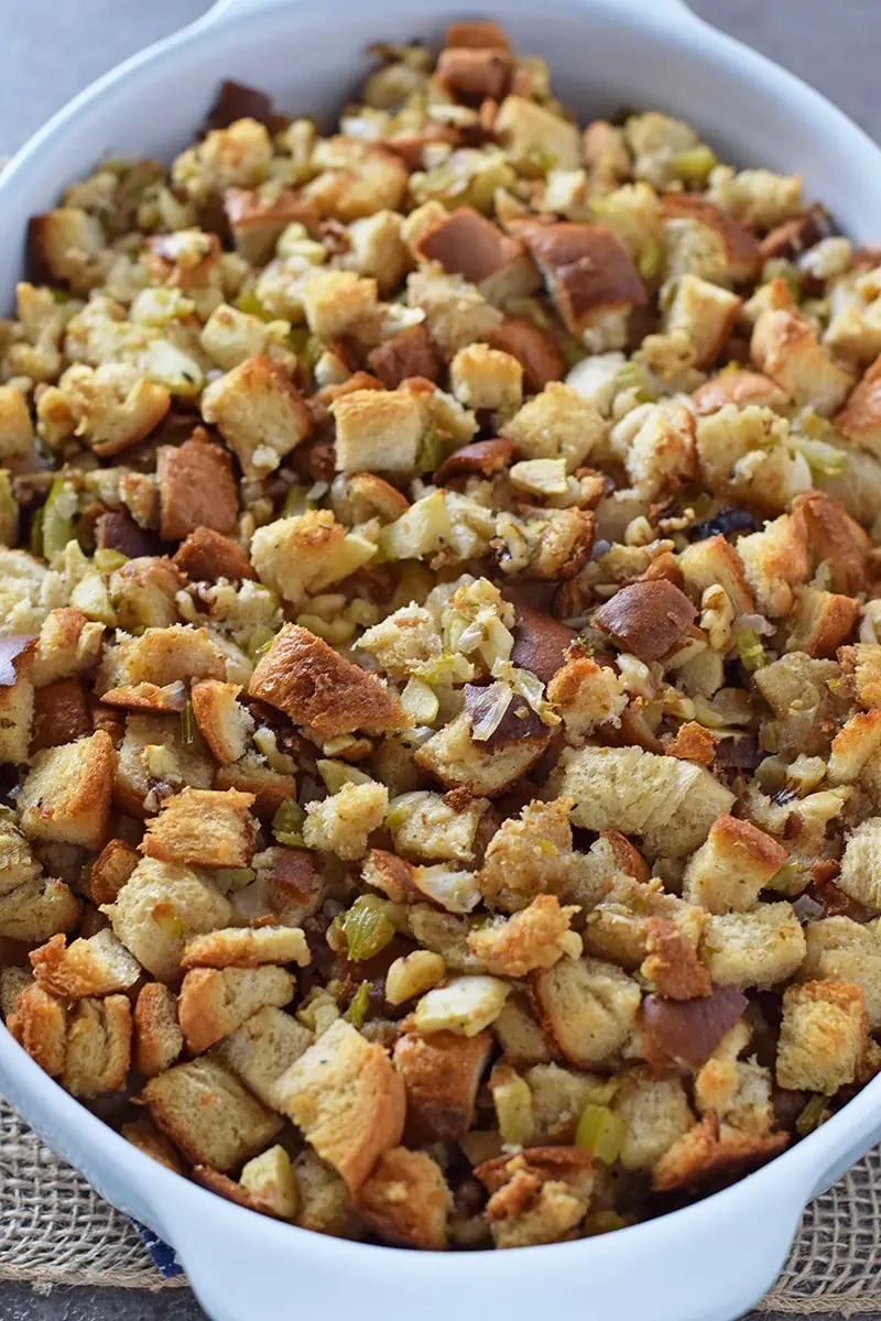 Easy recipe for Apple Walnut Bread Stuffing, classic, delicious, homemade side dish recipe for your Thanksgiving table.