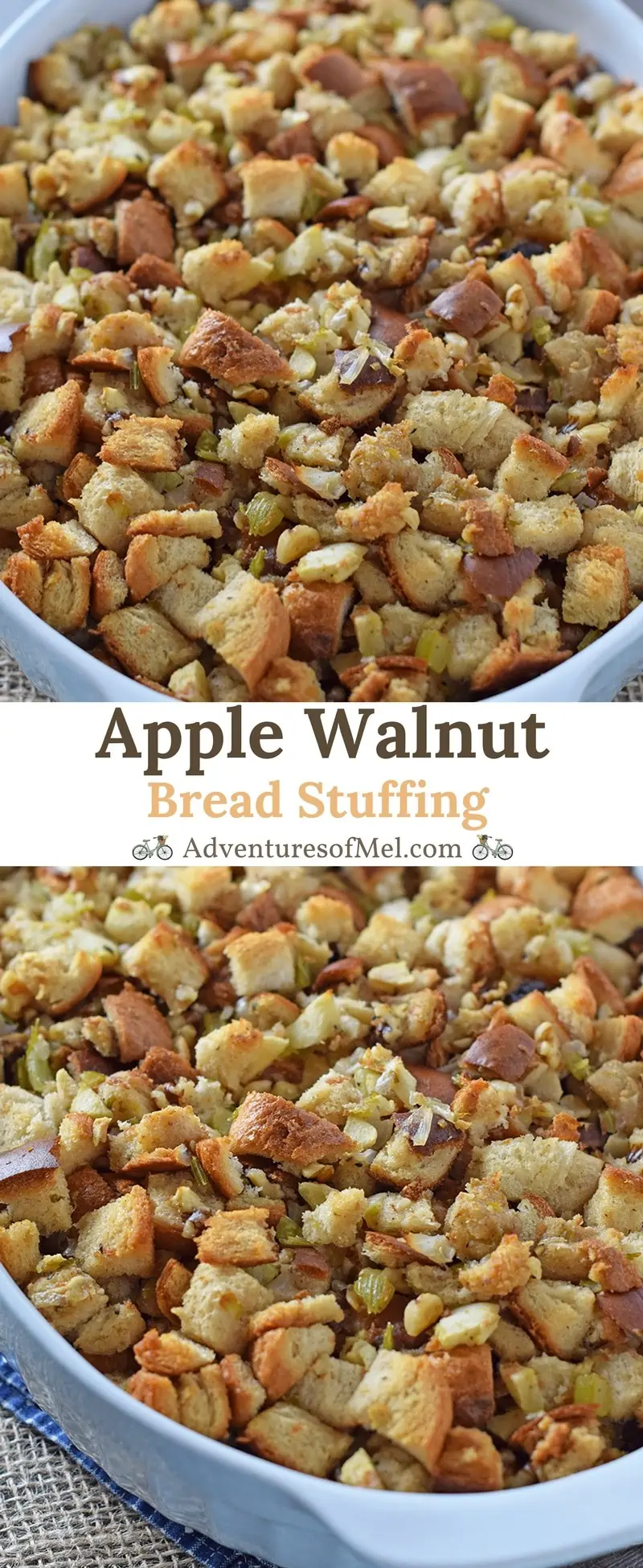 Apple Walnut Bread Stuffing, an easy, traditional, old-fashioned, homemade recipe. Simple ingredients in a delicious Thanksgiving side everyone will love!