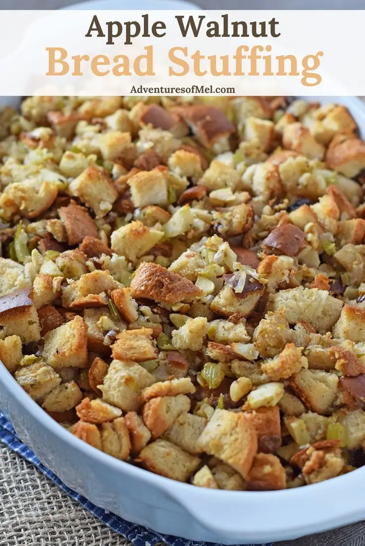 Classic Thanksgiving side dish recipe, Apple Walnut Bread Stuffing. So delicious and easy to make. So not as complicated as I thought!
