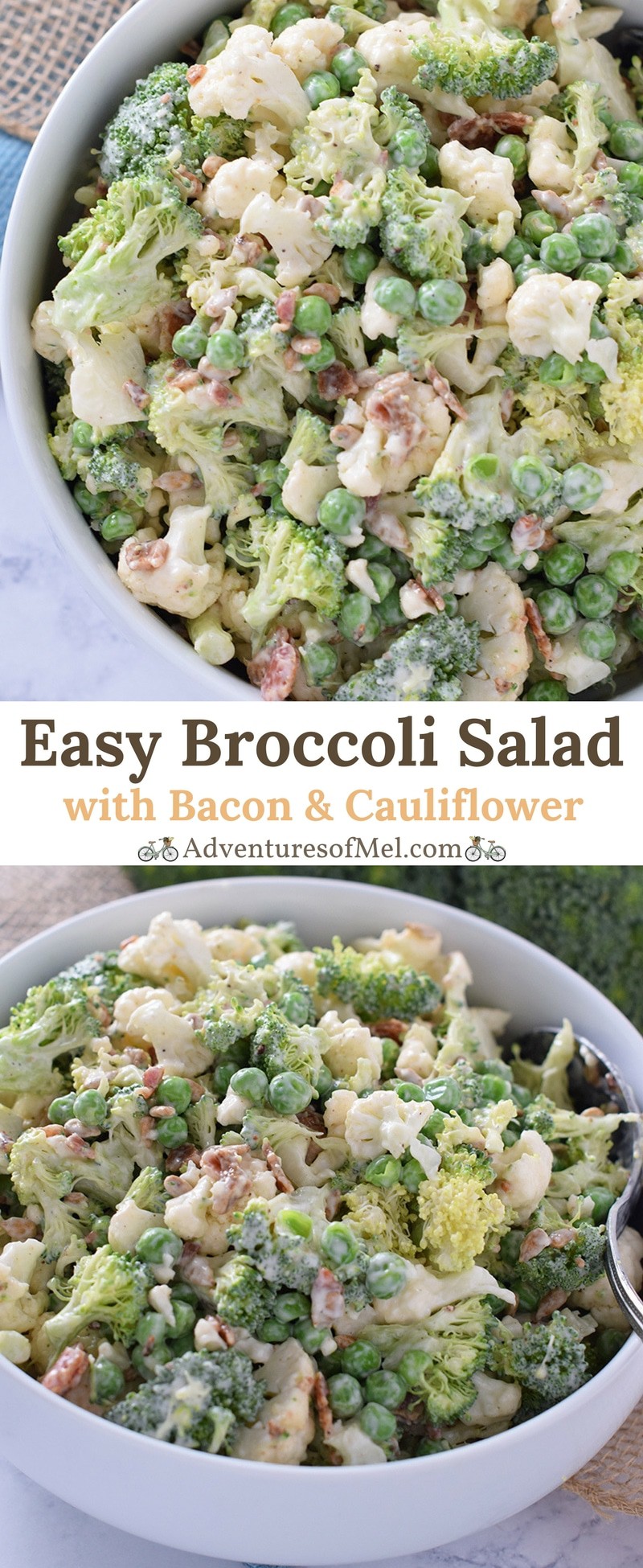 Easy Broccoli Salad, with bacon, cauliflower, sunflower seeds, and peas. A staple side dish and salad recipe perfect for every family gathering.