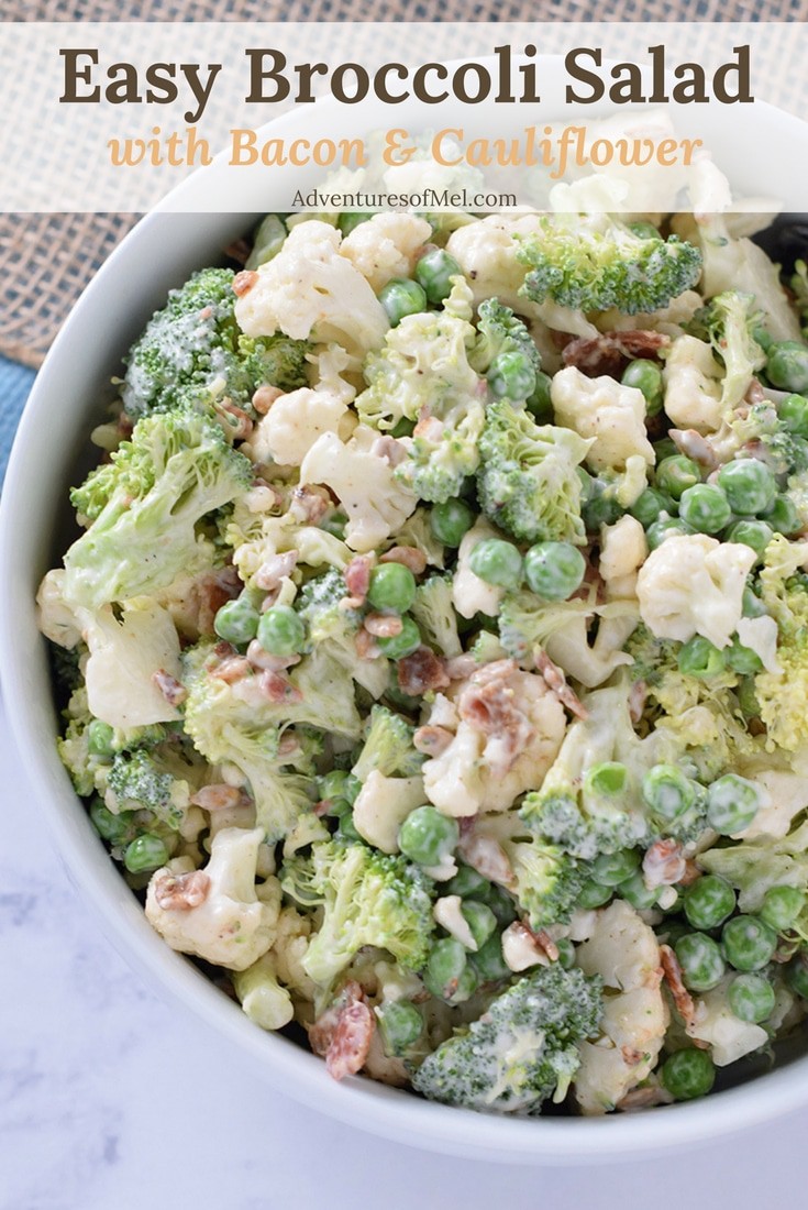 Easy Broccoli Salad, made with bacon, cauliflower, sunflower seeds, and peas. A staple side dish and creamy salad recipe perfect for every family gathering.