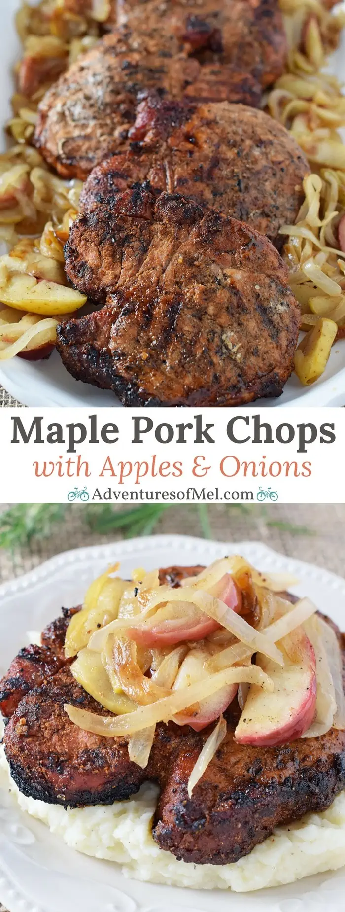 Maple Pork Chops grilled to perfection and topped with apples and onions for a delicious, satisfying, home cooked dinner the whole family will love.