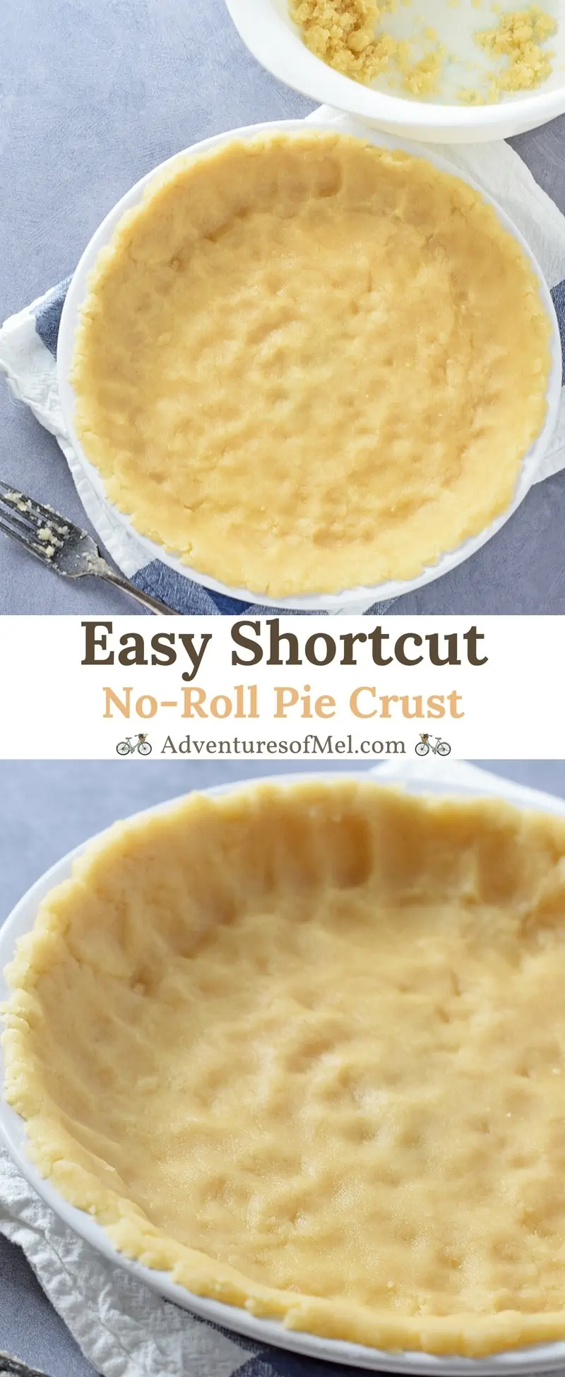 Easy Shortcut No-Roll Pie Crust recipe perfect for fruit pies, custard pie, and more. Made with oil, mix and press into a pie plate for a delicious homemade crust.