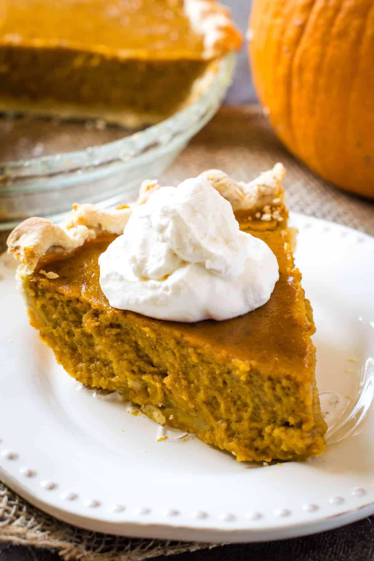 slice of old-fashioned pumpkin pie topped with whipped cream on white plate
