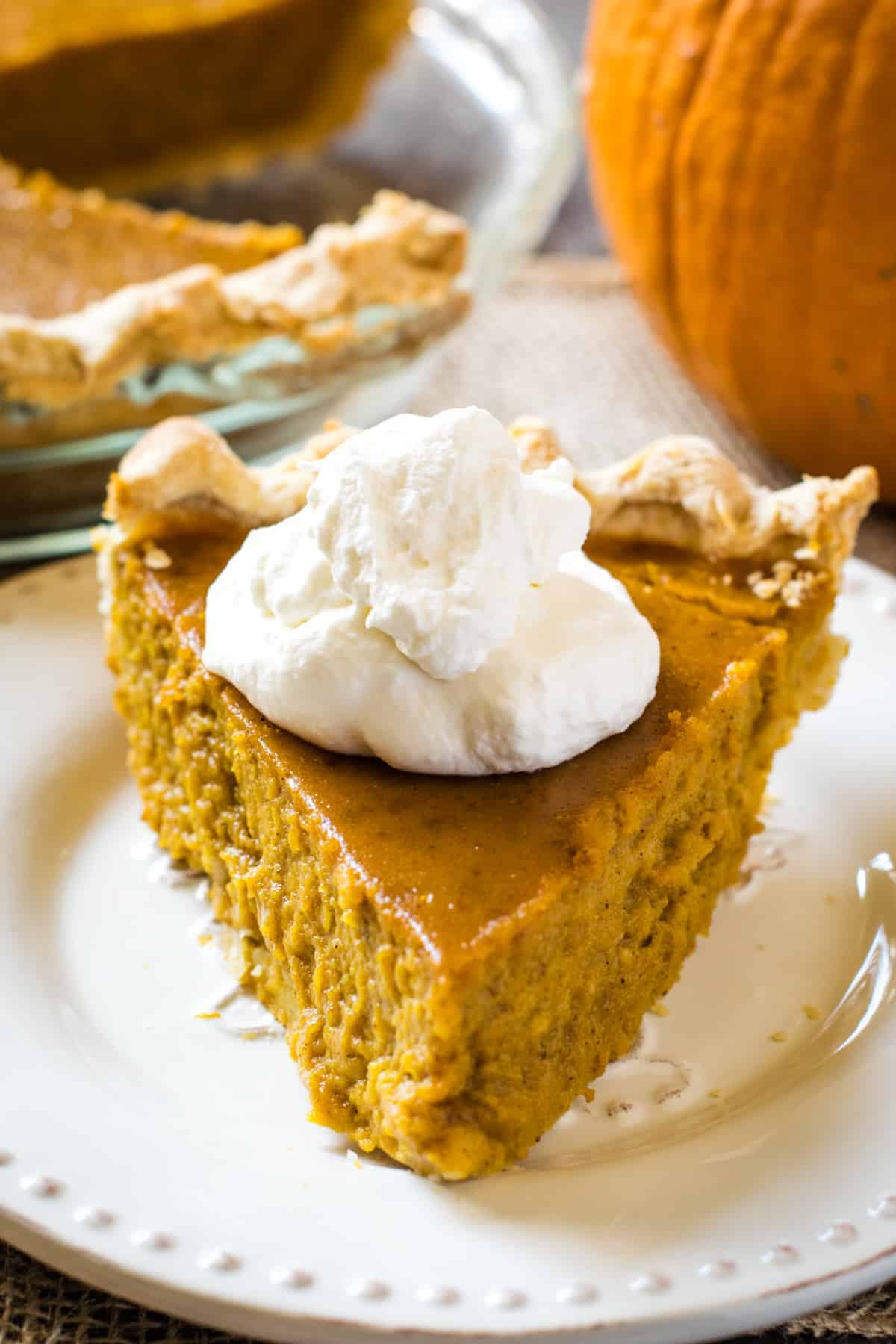 slice of pumpkin pie from scratch, topped with whipped cream, on white plate