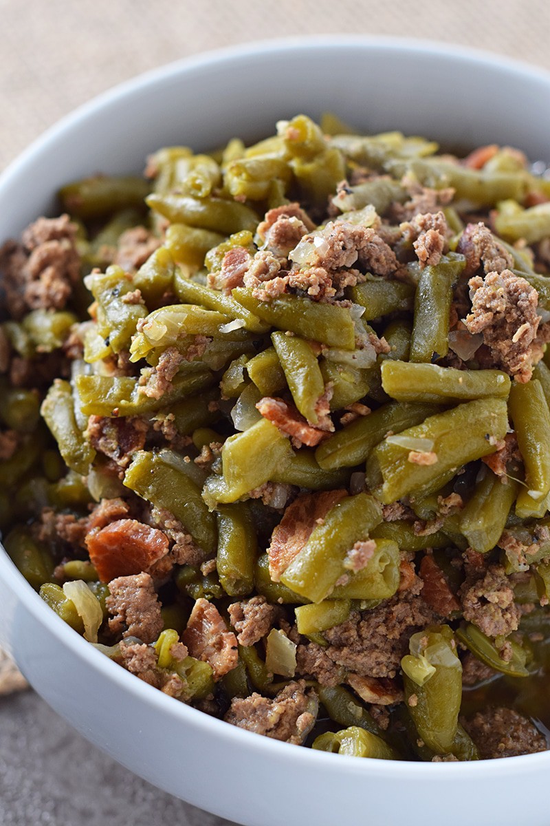 Southern Green Beans, made with bacon, onion, and ground beef in the Instant Pot. Delicious side dish recipe, perfect for holidays or weeknight meals.
