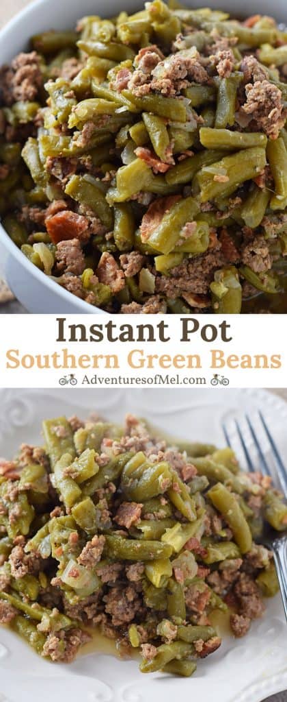 Southern Green Beans, made with bacon, onion, and ground beef in the Instant Pot. Delicious side dish recipe, perfect for holidays or weeknight meals.