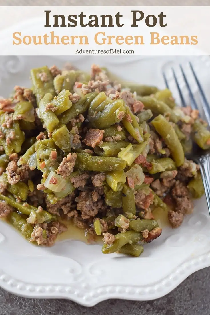 Southern Green Beans, made in the Instant Pot. Incredible flavor, made with bacon, onion, and ground beef. Delicious recipe, perfect for holidays or dinner.