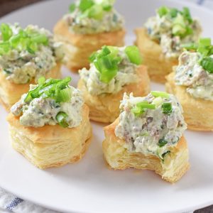 maple sausage stuffed pastry bites on white plate